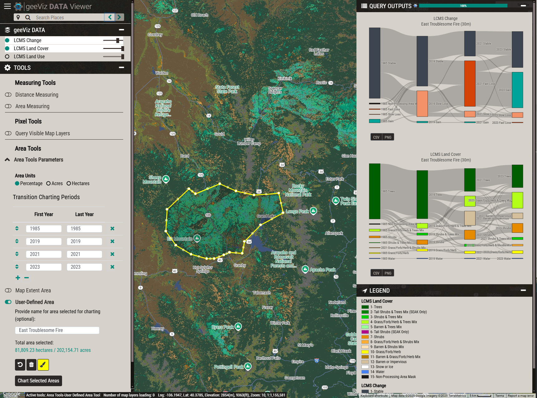 Area charting example showing geeViz interactive visualization